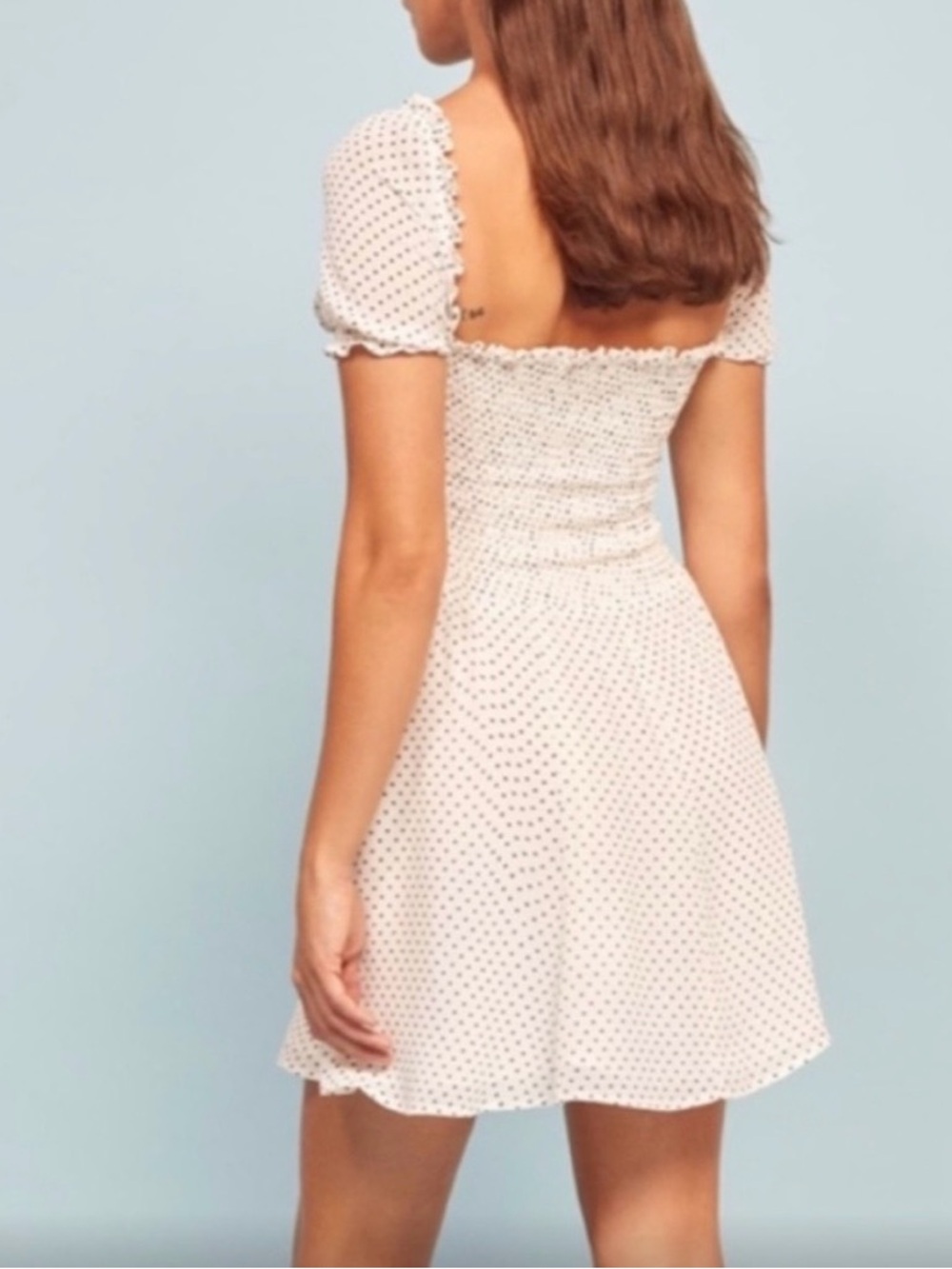 Reformation Bambina Smocked Square Neck White Polka Dot Mini Dress View 5
